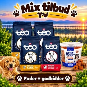 Pakketilbud 1. (4 x 1 kg Teo tørfoder + 500g bløde godbidder)
