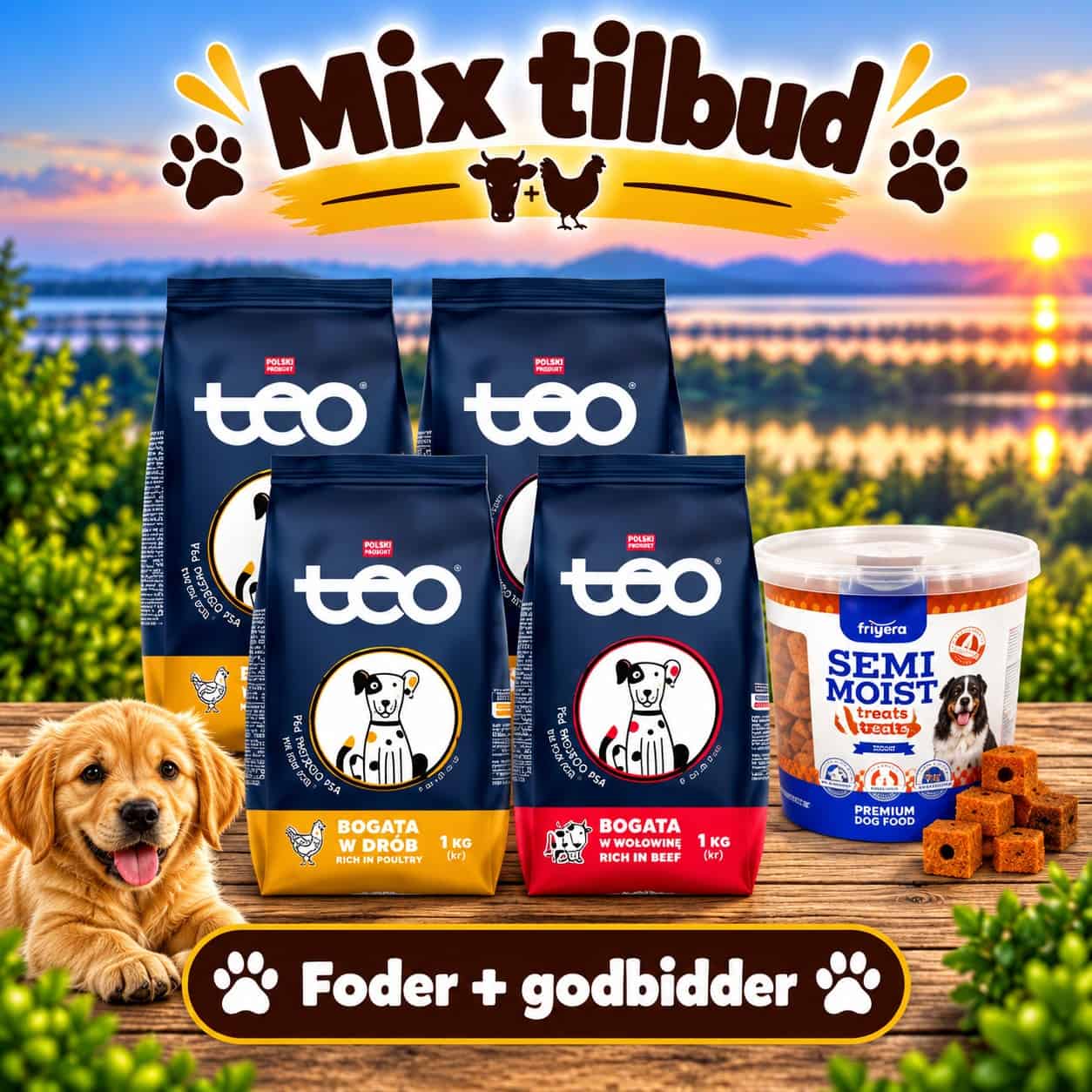 Pakketilbud 1. (4 x 1 kg Teo tørfoder + 500g bløde godbidder)