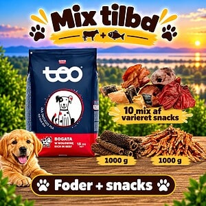 Teo tilbud tørfoder 9 x 1 kg + 1 kg okse kallun ruller + 1 kg kylling fødder + 10 mix snacks